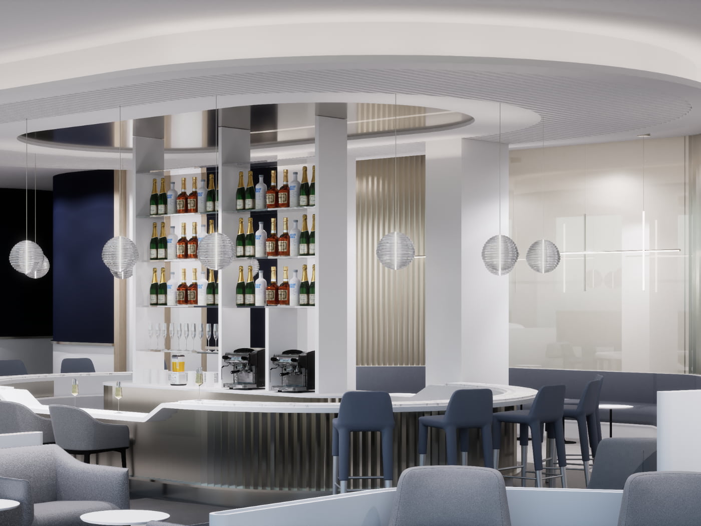 3D rendering dell'Air France lounge presso lo scalo New York-JFK.