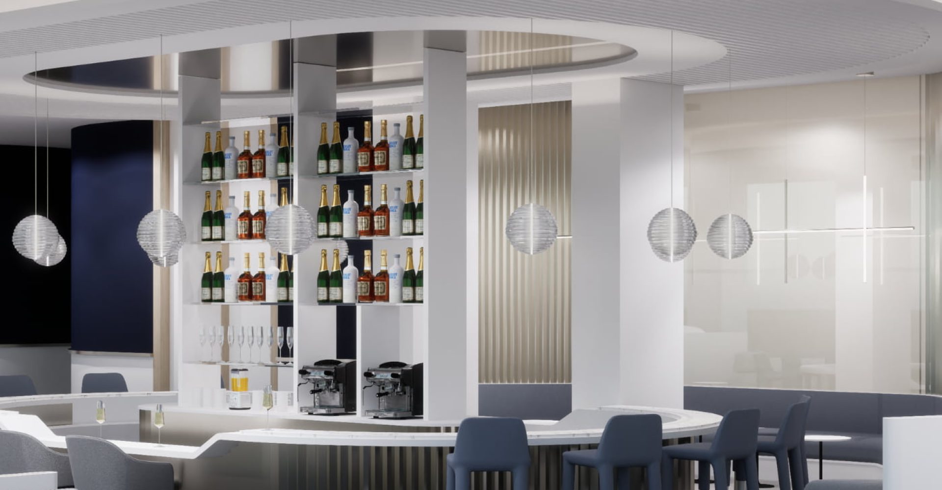 3D rendering dell'Air France lounge presso lo scalo New York-JFK.