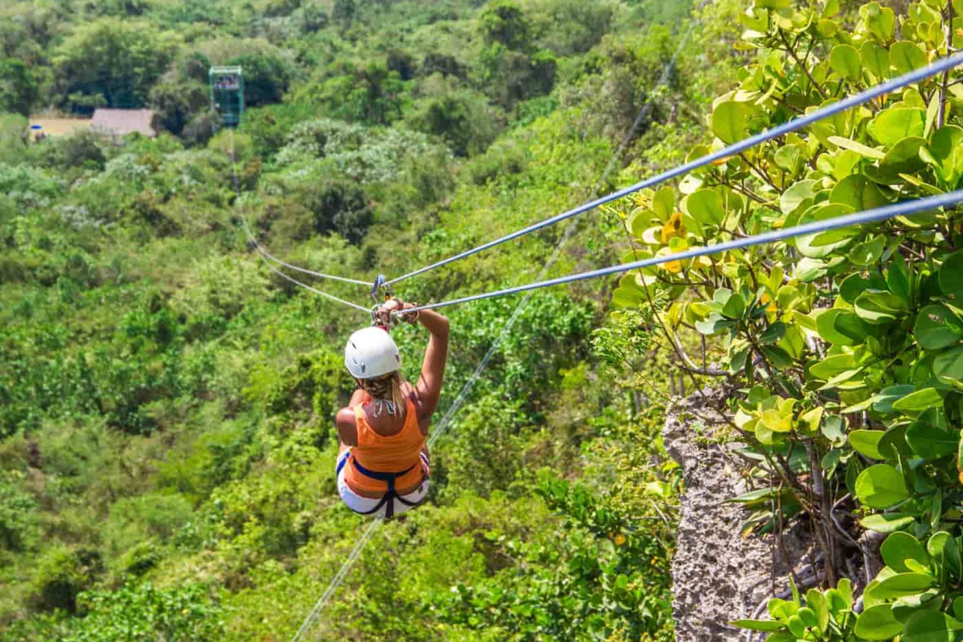 Da una delle zipline dell’isola si ammira la bellezza della natura dall’alto